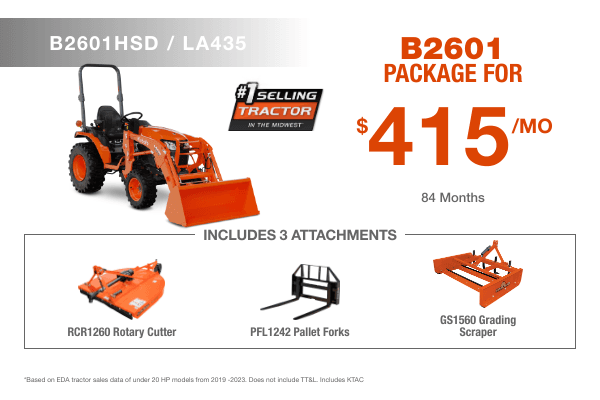 Kubota B2601 tractor package with loader, rotary cutter, pallet forks, and grading scraper for $415/month – Birkey’s Kubota