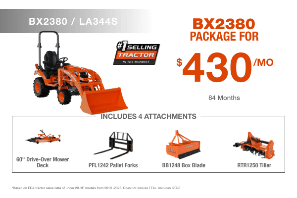 Kubota BX2380 tractor with mower, loader, forks, box blade, and tiller – $430/month at Birkey’s Kubota