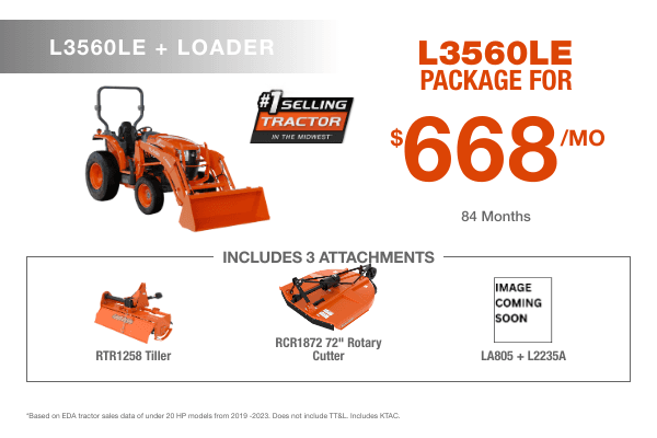 Kubota L3560LE tractor package with loader, rotary cutter, and tiller – $668/month at Birkey’s Kubota