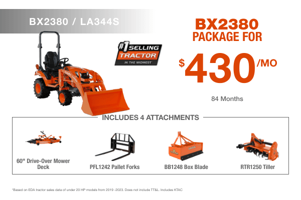 Kubota BX2380 tractor with mower, loader, forks, box blade, and tiller – $430/month at Birkey’s Kubota